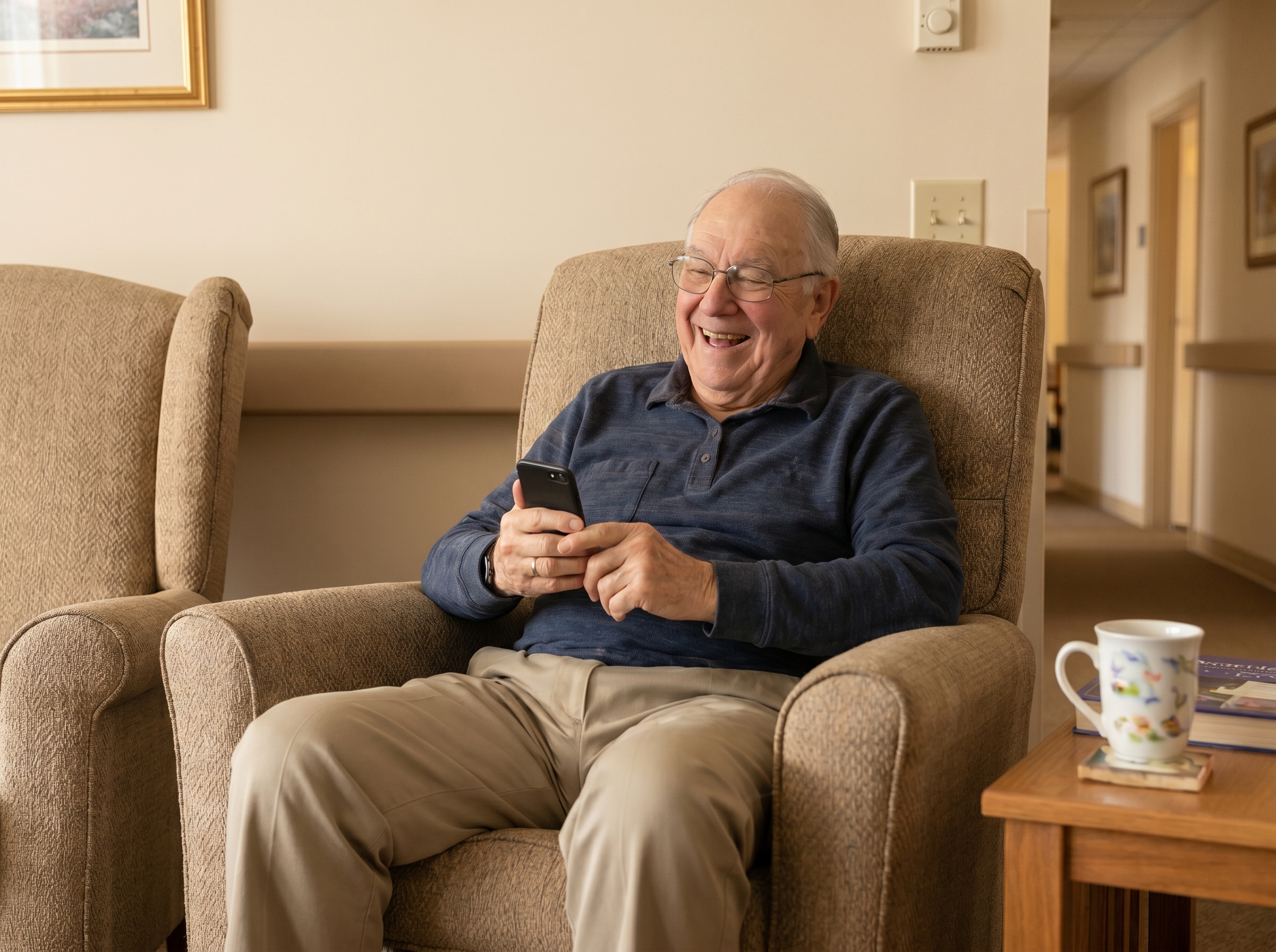 Future image of retirement community residents gathering around a shared screen for a hosted conversation